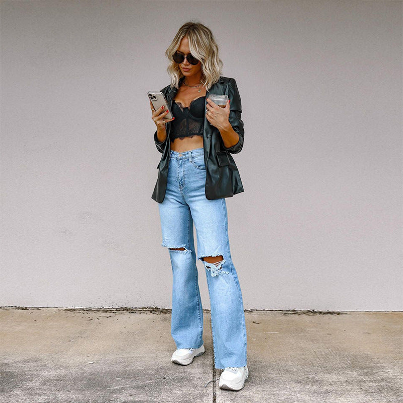 2025 Factory direct sales independent station women's jeans ripped and thin rough edge straight wide-leg pants spot