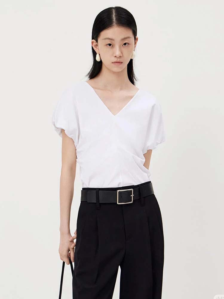 Siyuan, high-definition stand-up cut V-neck handmade bud sleeve T-shirt long-staple cotton women's design short-sleeved top women's 7043