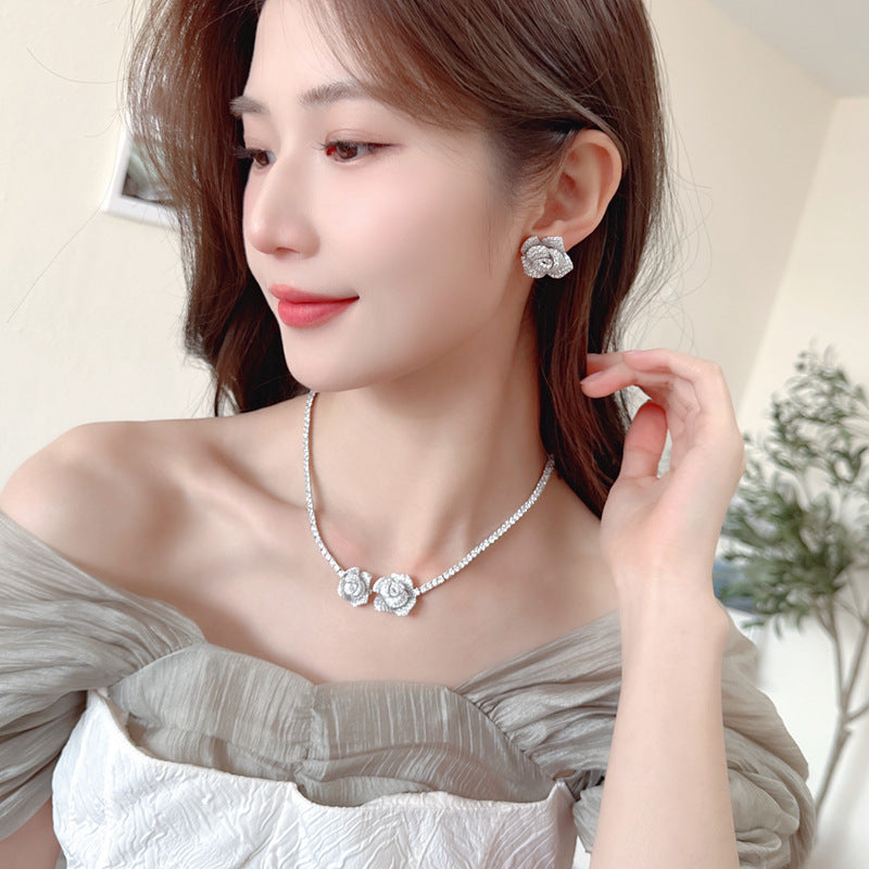 2025 Luxury rose camellia earrings fashion popular necklace bridal dress matching set two-piece wholesale