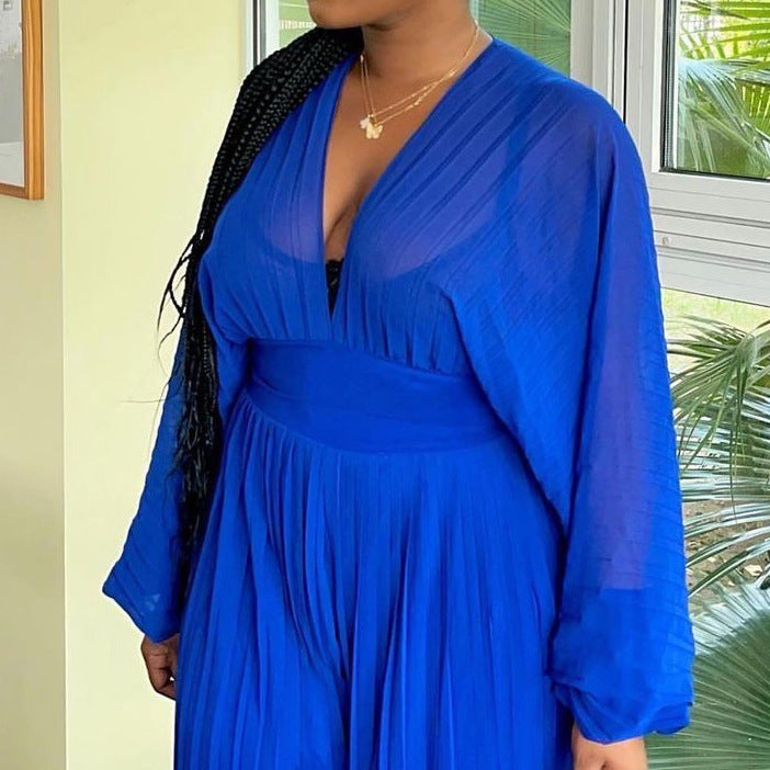 SIXSR D185 Popular trade women's clothing popular new chiffon pleated V-neck top wide-leg pants two-piece set 2025 casual suit