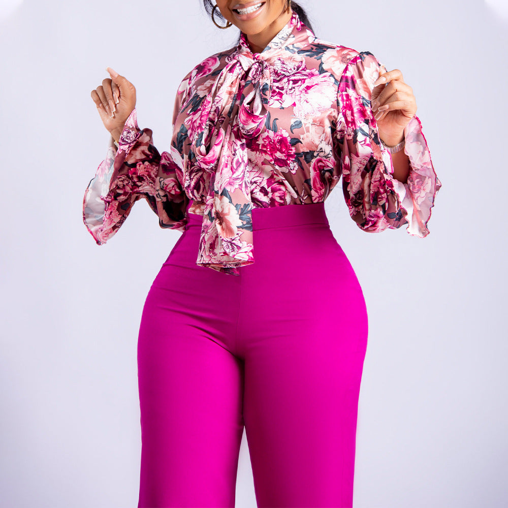 SIXSR D316 2025 women's clothing autumn and winter loose large size casual printing long-sleeved shirt wide-leg pants New two-piece set