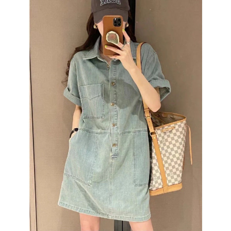 2025 Fashion temperament Hong Kong-style denim dress women's summer new fat sister loose and thin denim skirt