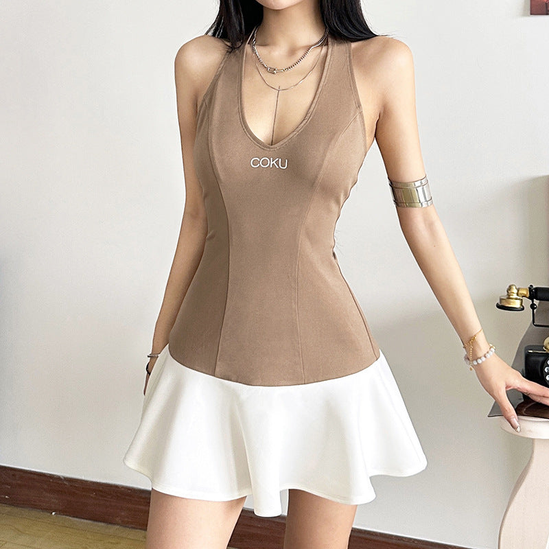 2025 style popular winter new women's clothing contrasting color splicing neck slim ruffle edge letter dress