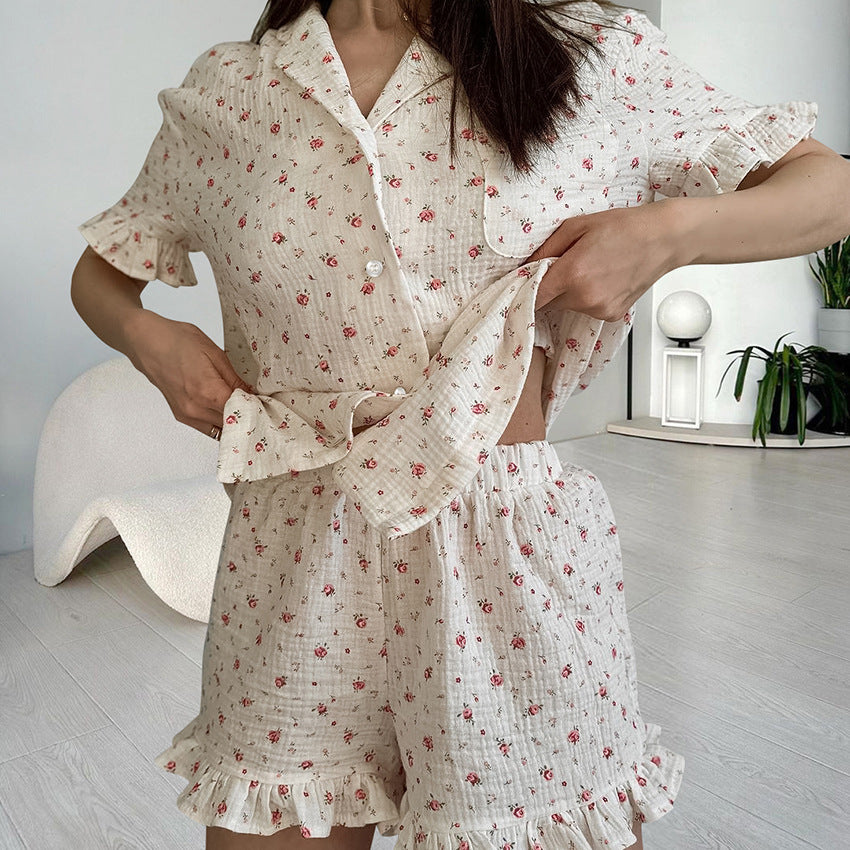 SIXSR 2025 spring pure cotton printed underwear short-sleeved cardigan shorts three-piece loungewear women's comfortable pajamas