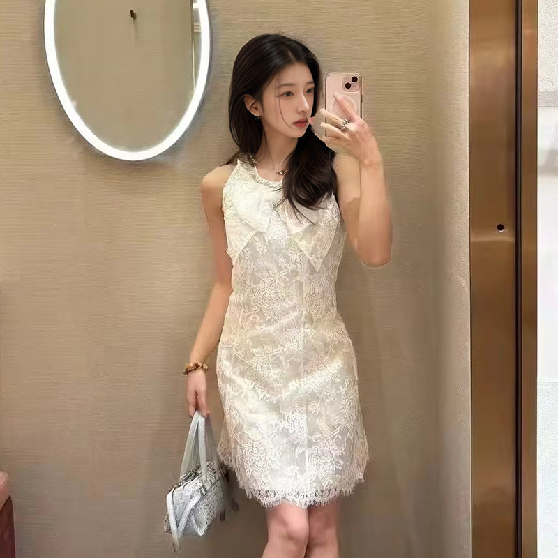 romantic lace mesh slim fit beautiful dress women's 2025 summer bow light luxury dress N3058