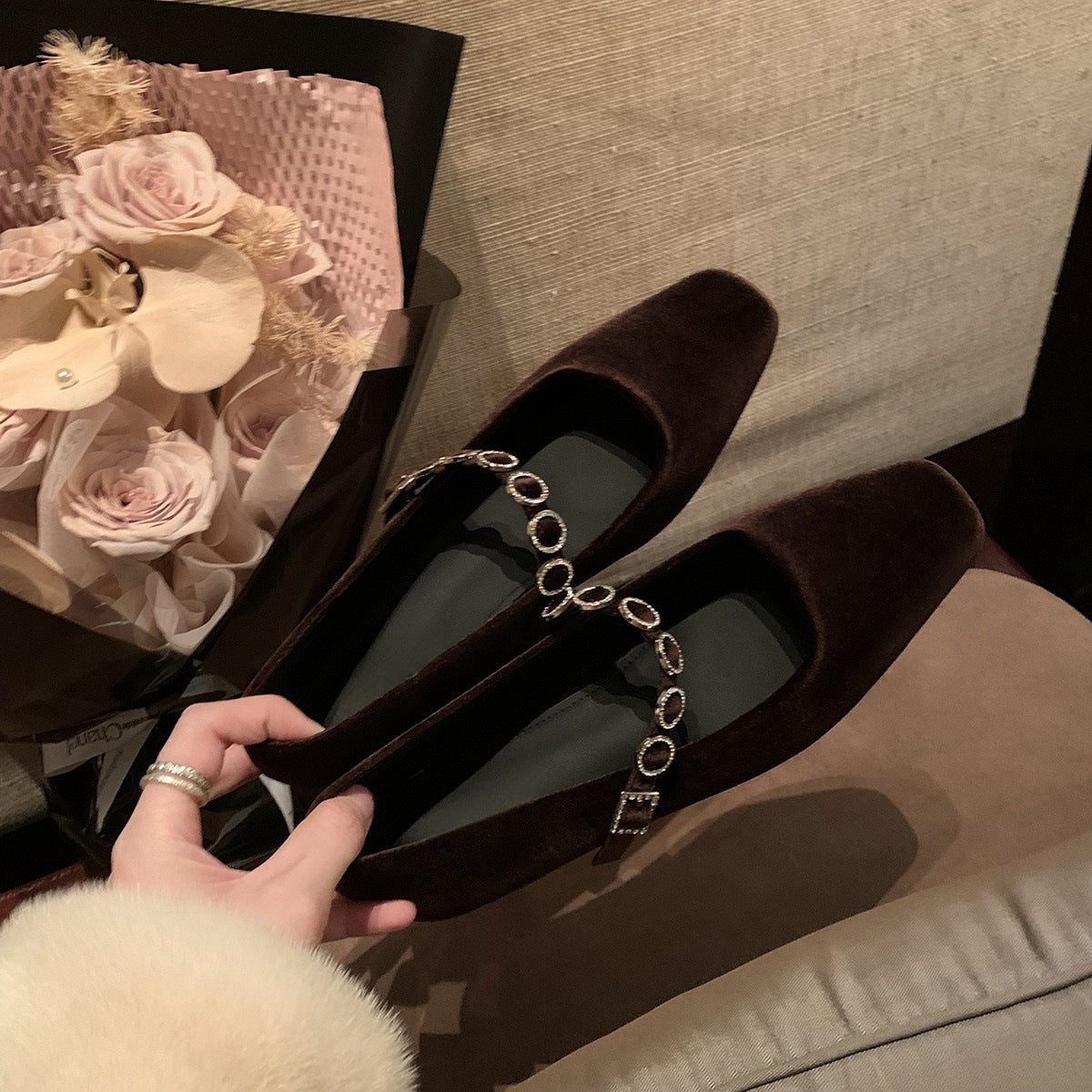 2025 square head light mouth high heels one-word diamond belt low heel suede Mary Jane single shoes