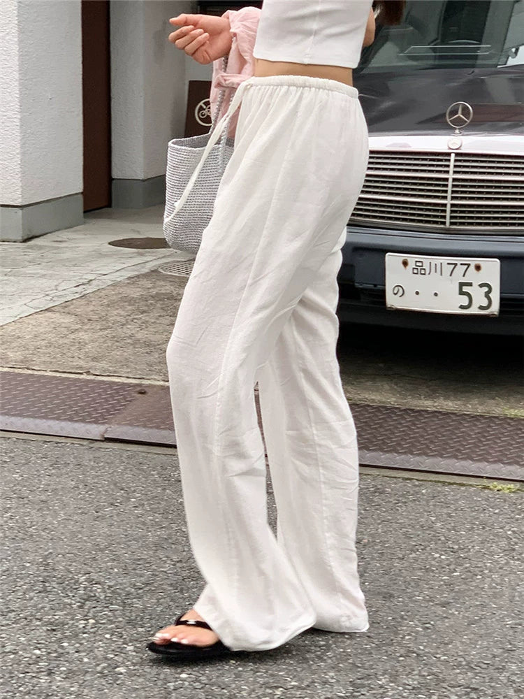 White linen pants children spring and summer old money loose elastic cotton and linen long pants loose casual straight pants