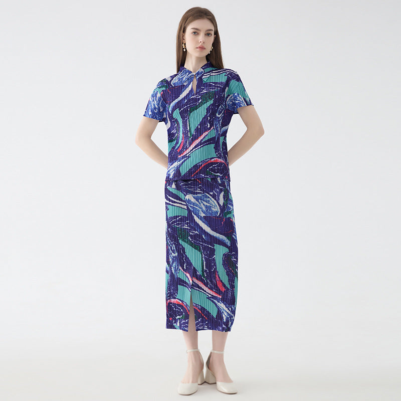 summer new flower suit women's POLO neck short-sleeved top straight print skirt two-piece set women