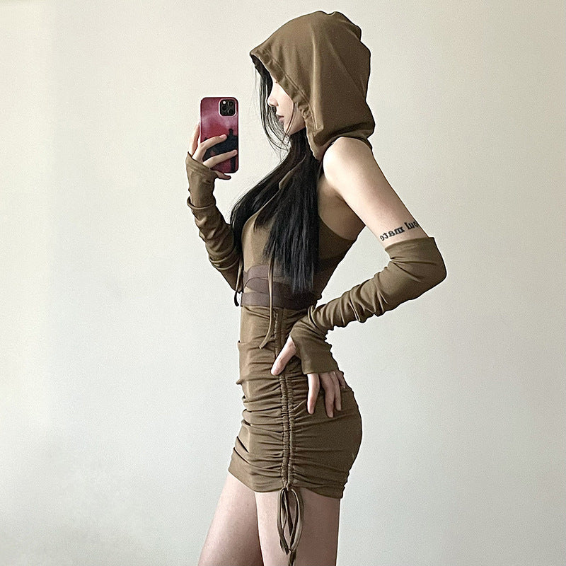 2025 style 2025 spring new women's clothing wasteland wind bilateral drawstring hooded pleated thin dress