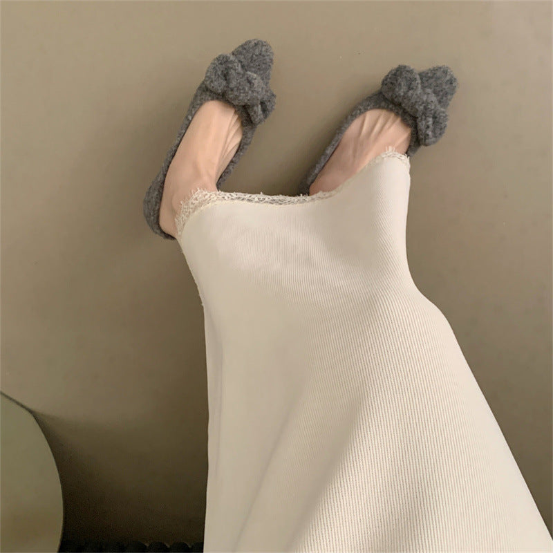 2025 gentle fairy wind fluffy shoes female outer wear popular new square head bow evening soft sole single shoes laden shoes