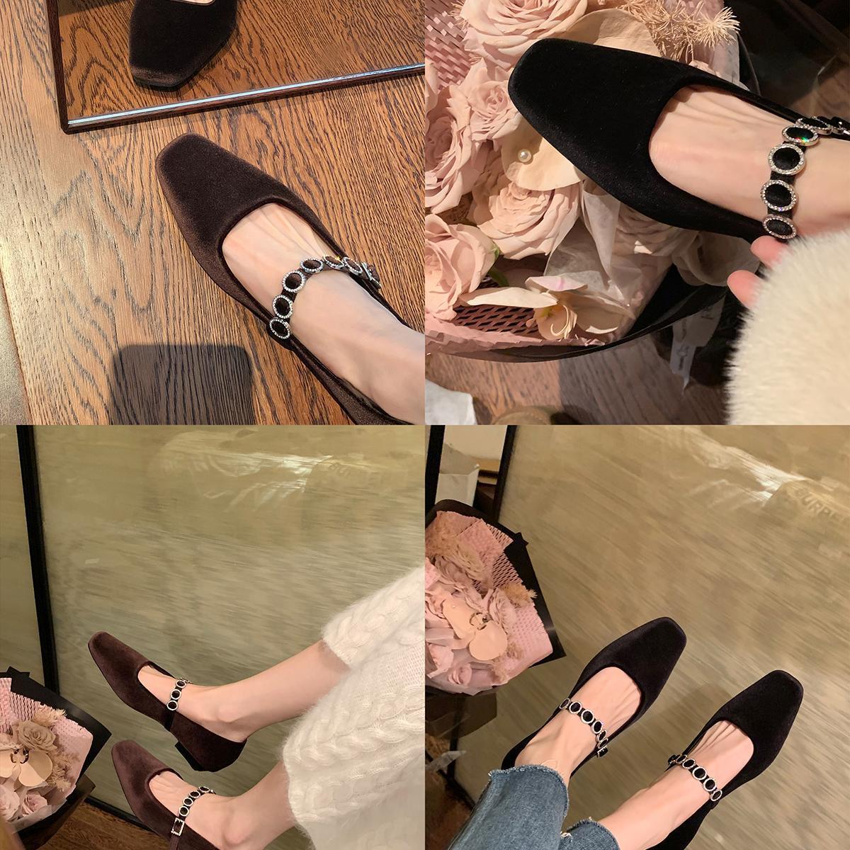 2025 square head light mouth high heels one-word diamond belt low heel suede Mary Jane single shoes