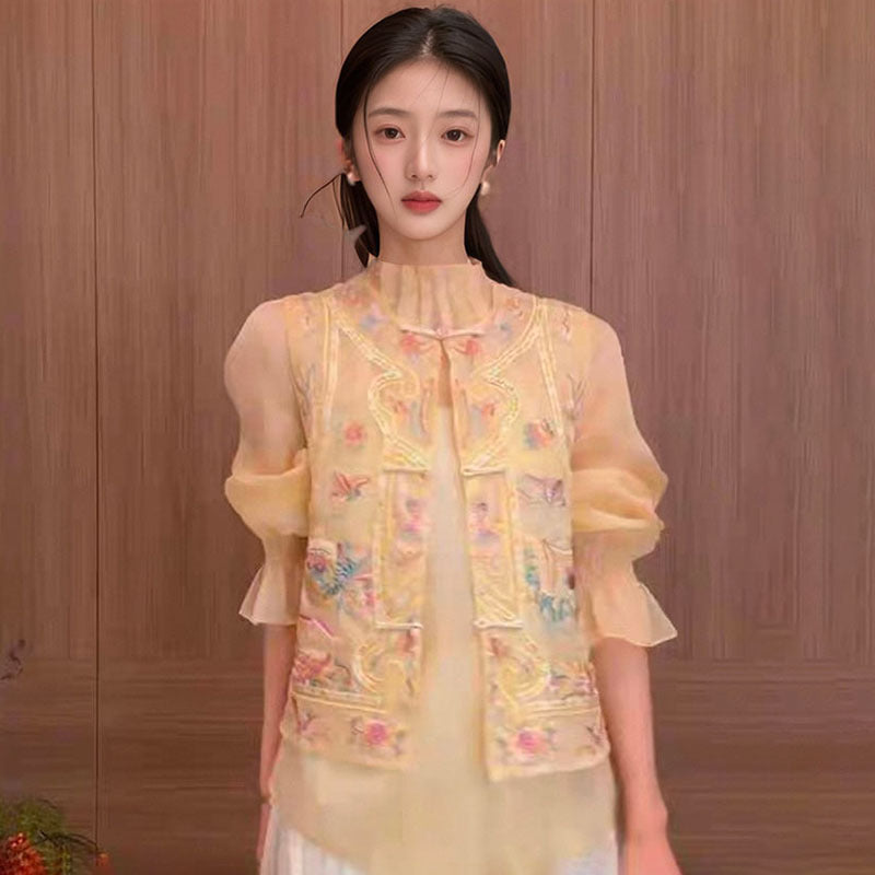 Guofeng retro buckle jacquard embroidered vest 2025 new unique design mulberry silk round neck vest N2022