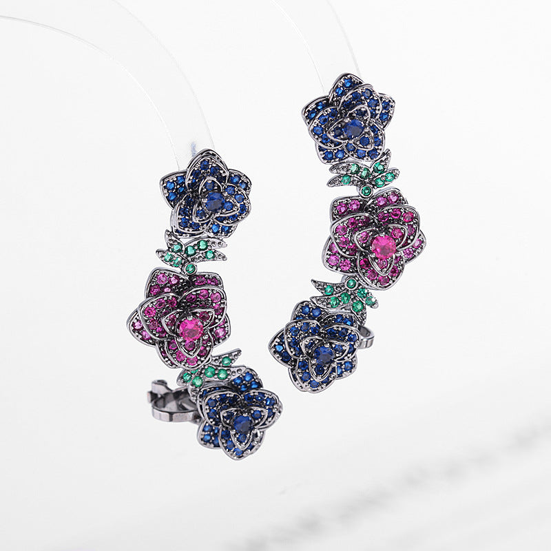 2025 Ethnic style retro rose ear bone clip color zirconium earrings women's S925 silver needle fashion temperament camellia earrings
