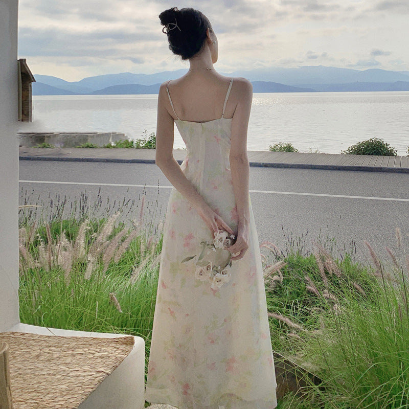 2025 Seaside wear suspender long dress high sense women summer vacation wind waist tube top dress floral chiffon beach dress