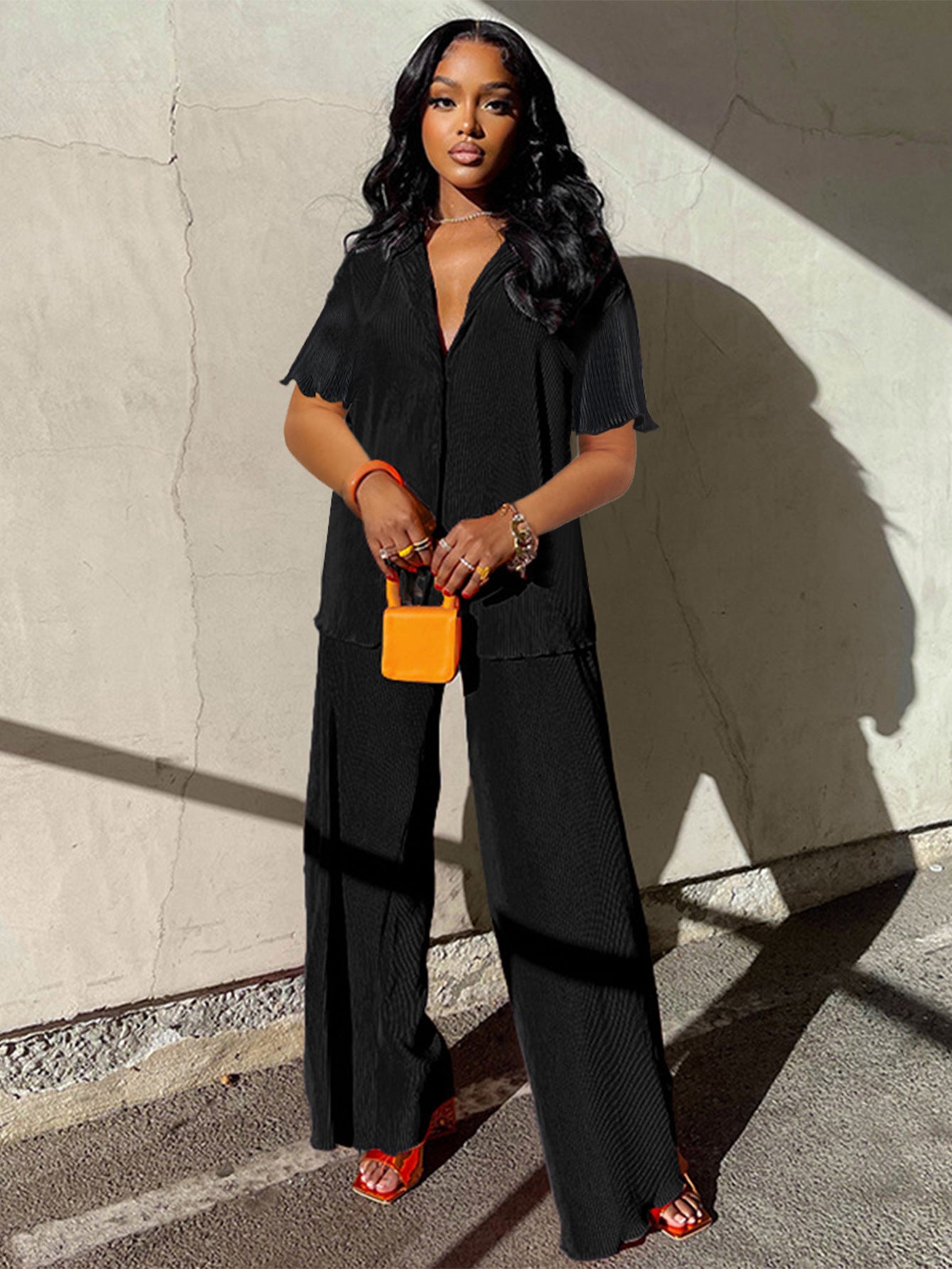 SIXSR T126 Europe and America loose and casual spring and summer fashion pleated short-sleeved shirt wide-leg trousers two-piece set
