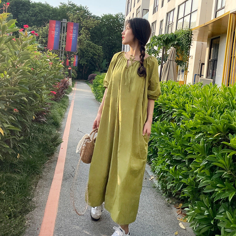 New fresh temperament dress loose bubble sleeves cover meat round neck pleated gentle pure cotton design doll skirt