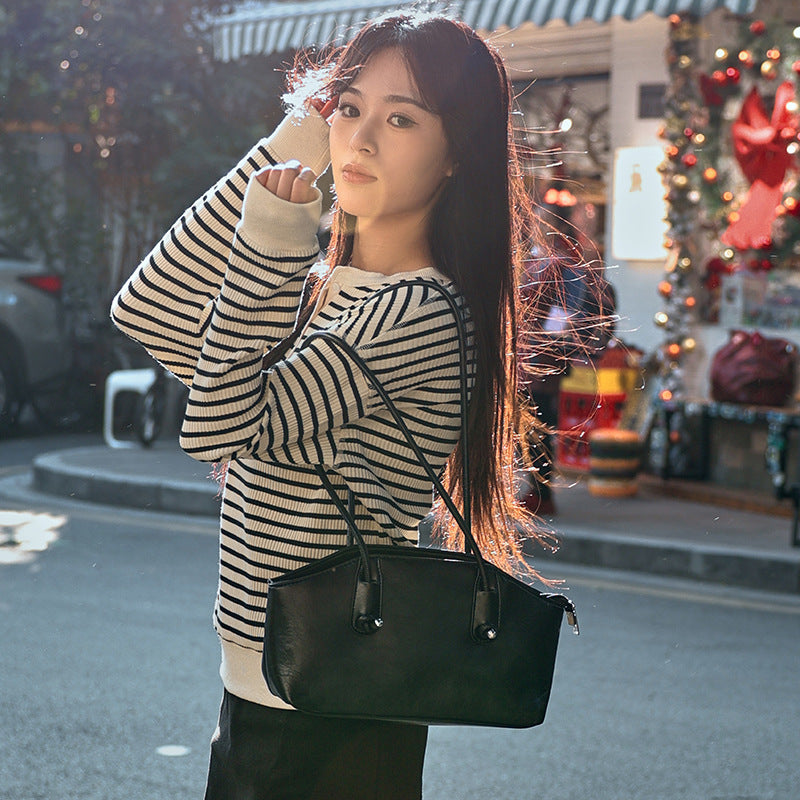 Contrasting striped knitted sweater autumn classic versatile half-open top women's loose and thin crew neck jumper