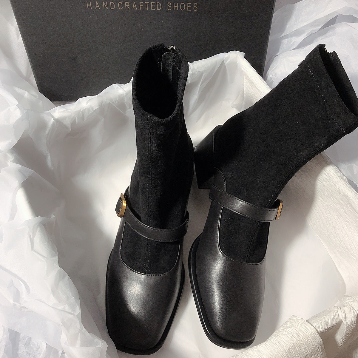 2025 Simple and well-behaved Mary Jane short boots buckle back zipper thick heel elastic boots thin boots large size women
