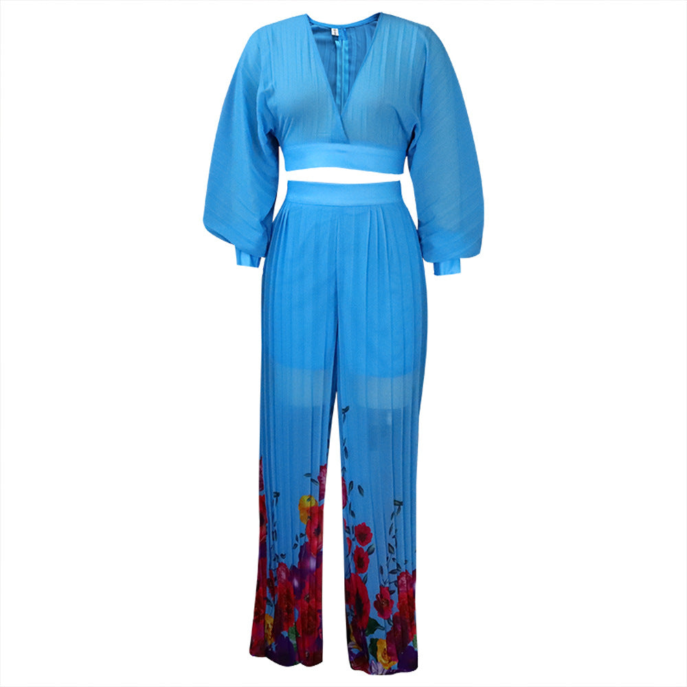 SIXSR Hot trade fashion suit popular new women's V-neck bat-sleeved chiffon top pleated wide-leg pants New two-piece set