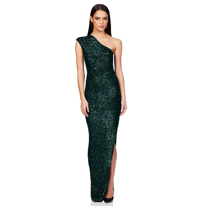 SIXSR 2025 Skirt summer women's clothing INS sleeveless one-shoulder split sequined long dress 2025 temperament dress women's wholesale