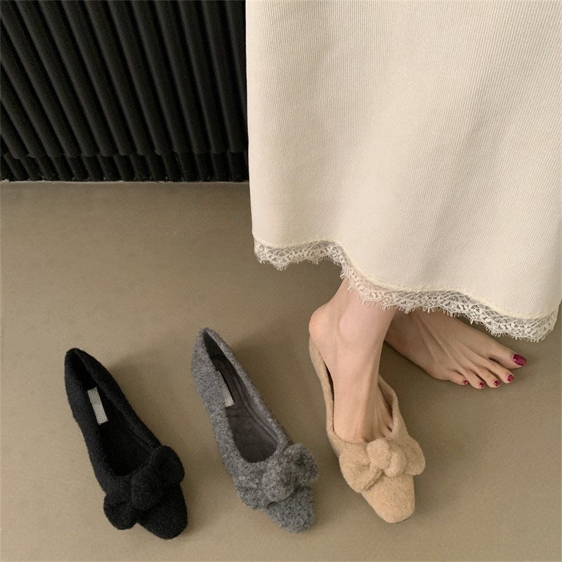 2025 gentle fairy wind fluffy shoes female outer wear popular new square head bow evening soft sole single shoes laden shoes