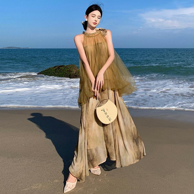2025 New Chinese neck dress women's sleeveless improved cheongsam zen morning robe fairy mesh tie-dye fake two-piece skirt