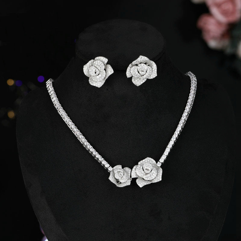 2025 Luxury rose camellia earrings fashion popular necklace bridal dress matching set two-piece wholesale