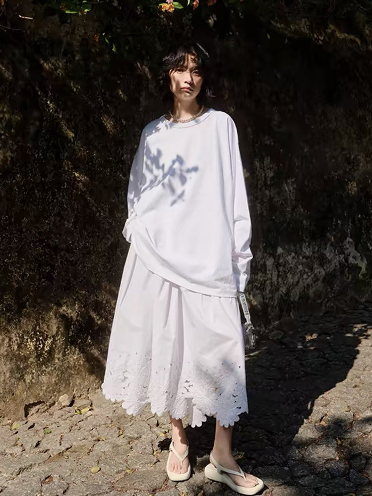 Siyuan, heavy industry hollow embroidery fashionable design sense white A-shaped skirt commuting temperament elegant skirt women