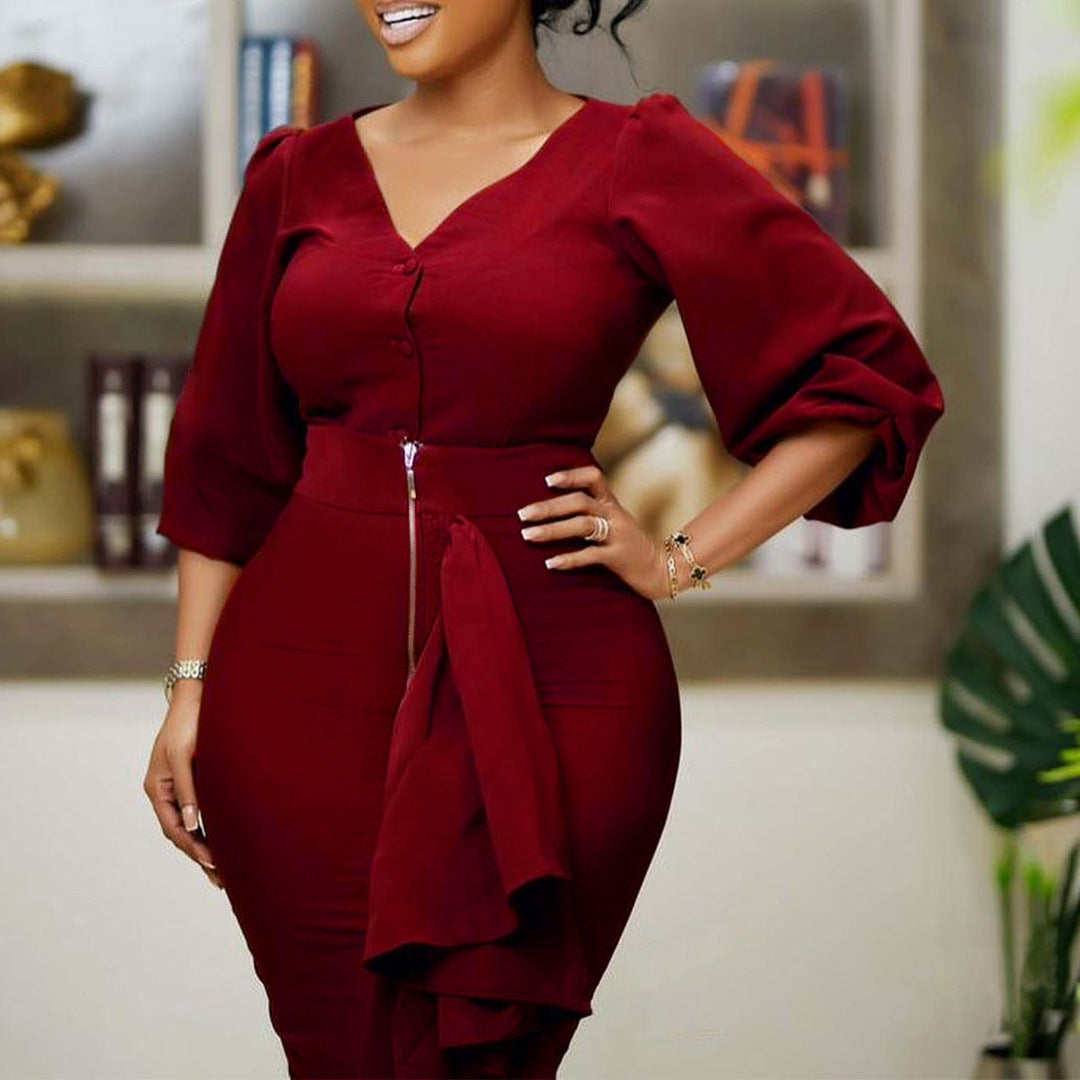 SIXSR D306 2025 large-size women's clothing autumn and winter V-neck long-sleeved top, hip skirt, two-piece Popular trade suit
