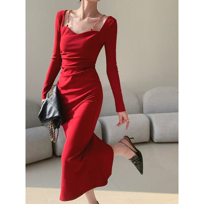 2025 Red long-sleeved square-neck dress for women's autumn spring new slim-fitting and thin hip-wrapped long skirt for women