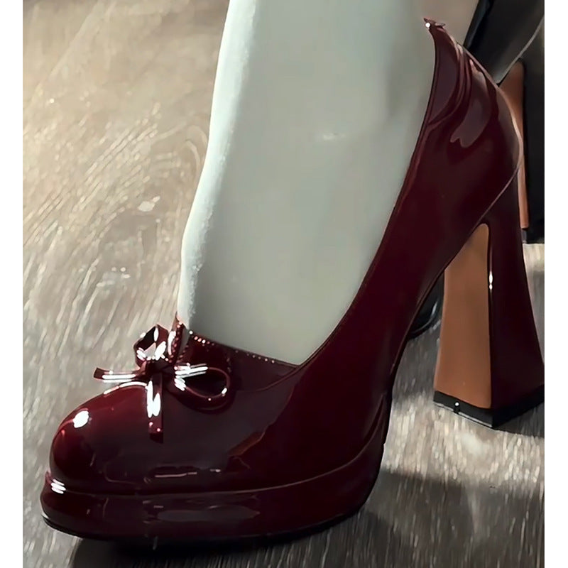 2025 Mary Jane high heels, small bow, thick heel, red with skirt, beautiful one-pedal single shoes.