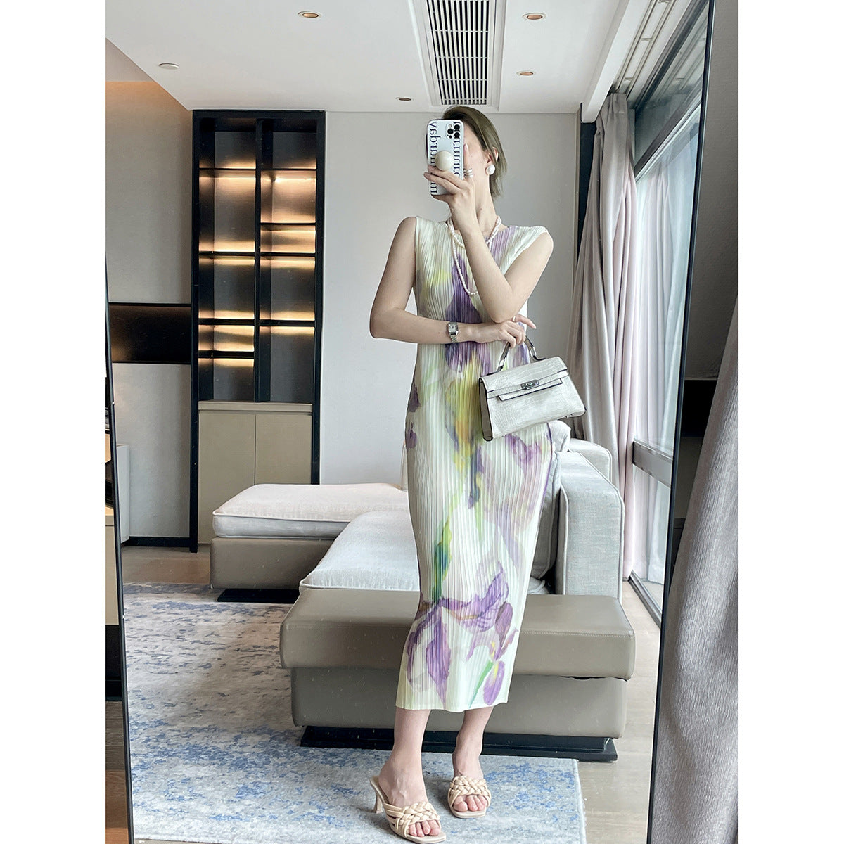 Pleats summer new national style printed sleeveless Miyake dress temperament advanced sense slim and thin dress