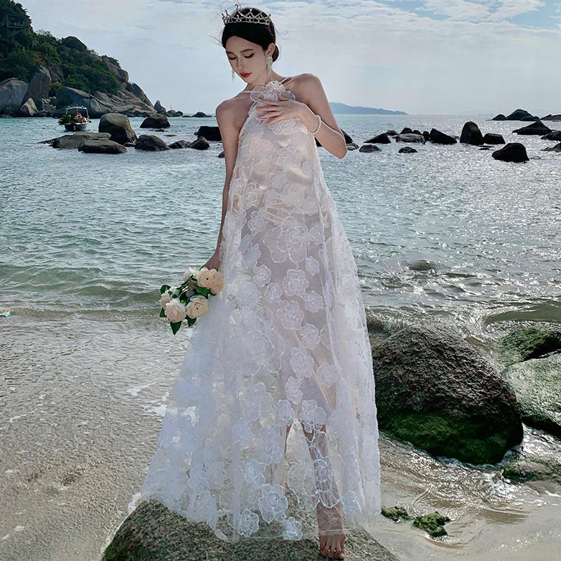 2025 Niche light wedding dress morning gown bride birthday engagement dress small white dress seaside vacation white neck dress