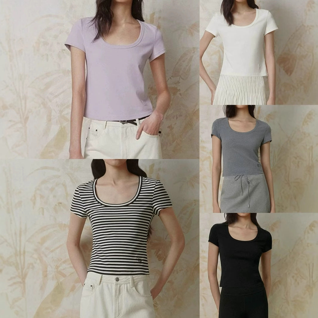 Siyuan 25 early spring simple commuting daily front shoulder five-color simple large u-neck short-sleeved T-shirt women's 8982