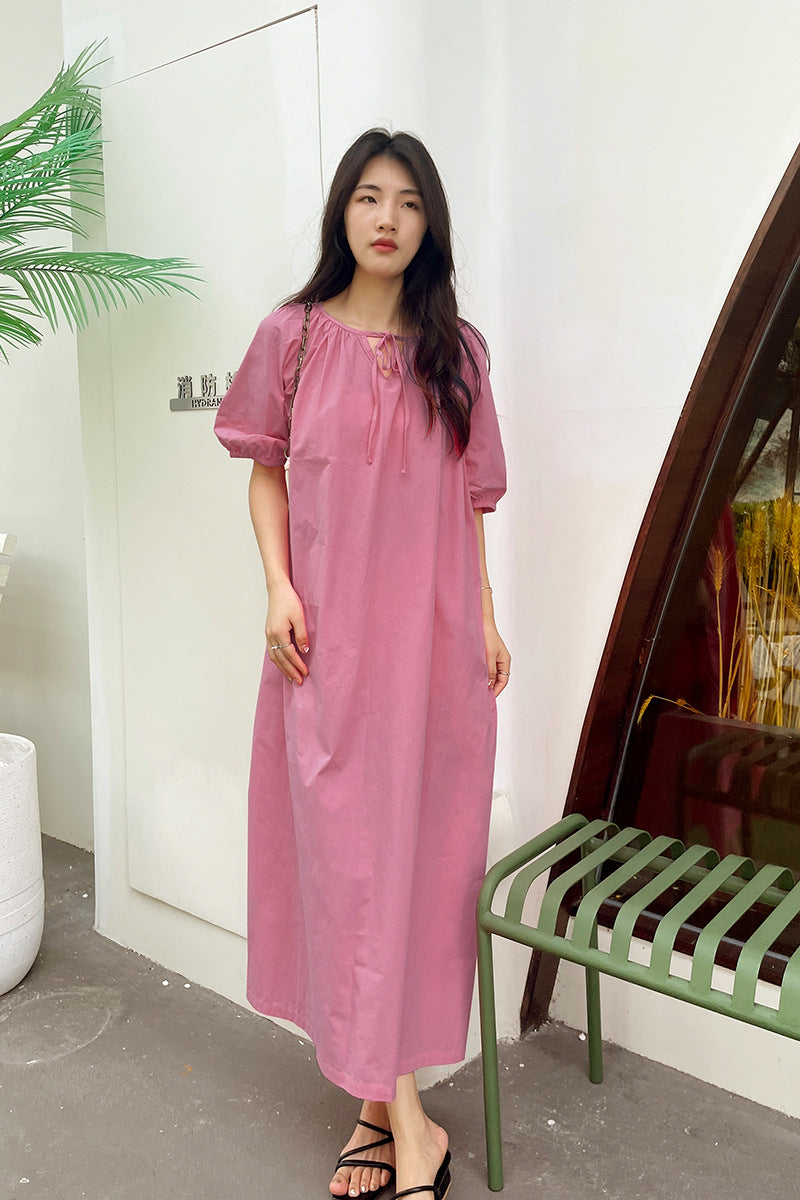 New fresh temperament dress loose bubble sleeves cover meat round neck pleated gentle pure cotton design doll skirt