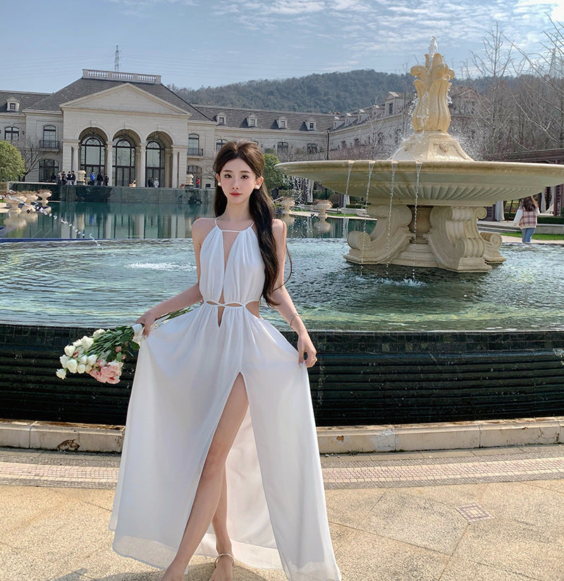 2025 Thailand Sanya travel photo beach dress seaside vacation dress pure desire sexy hollow white suspender dress