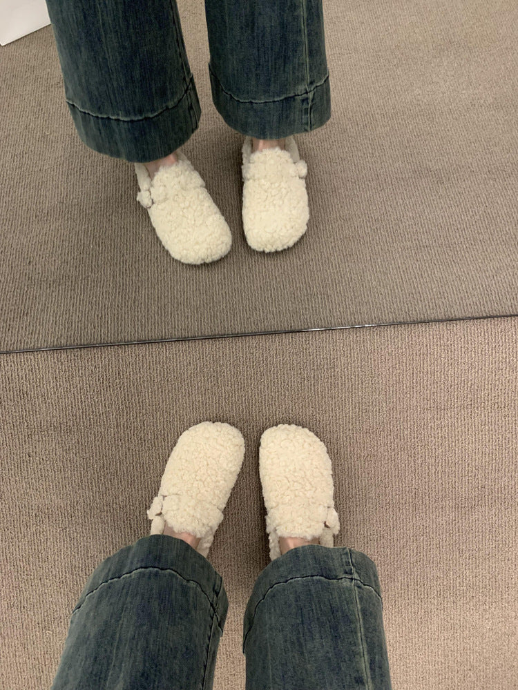 2025 Internet celebrity fairy wind white fluffy shoes female outer wear lazy one pedal warm plush bag head half slippers
