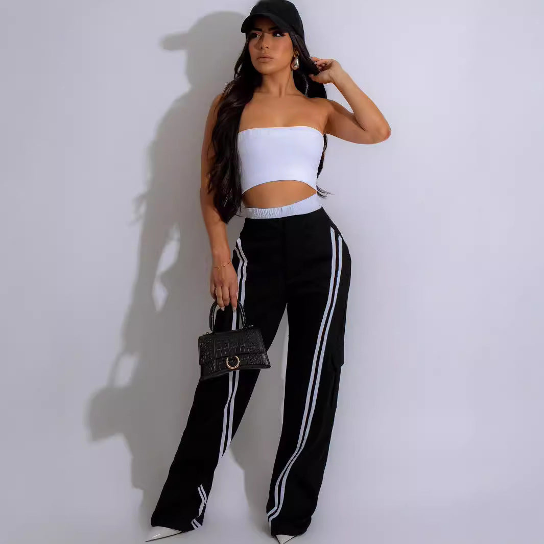 SIXSR T065 spring and autumn casual elastic waist splicing trousers, fashionable street multi-pocket sports straight-leg trousers