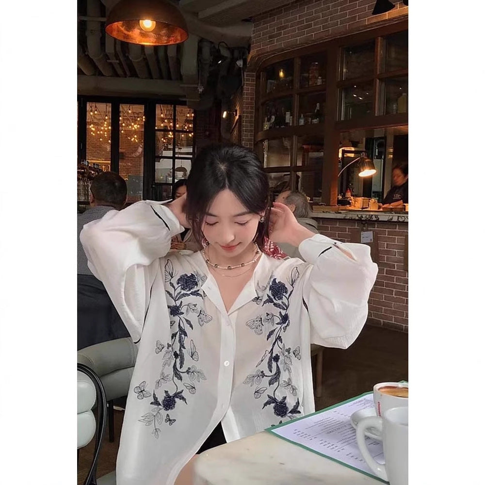 Siyuan hand-painted embroidered ramie shirt women's long-sleeved summer thin splicing lace wrinkled round neck loose shirt 7877