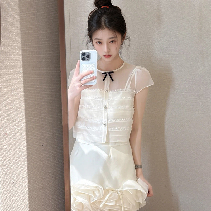 Summer 2025 New Temperament Fashion Diamond-encrusted Short Top High Waist Splicing Skirt Two-piece Set Women's N3044