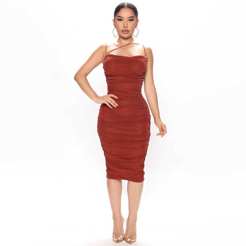 VZYZV 2025 One piece is sent on behalf of Popular, , summer and autumn new women's clothing pleated suspender backless sexy hip-wrapped solid color dress Popular trade