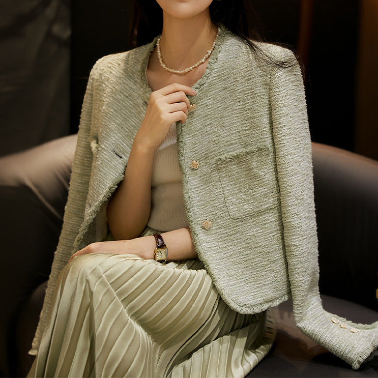 2025 High-end rough edge Xiaoxiangfeng jacket short spring and autumn women's clothing top spring green textured tweed