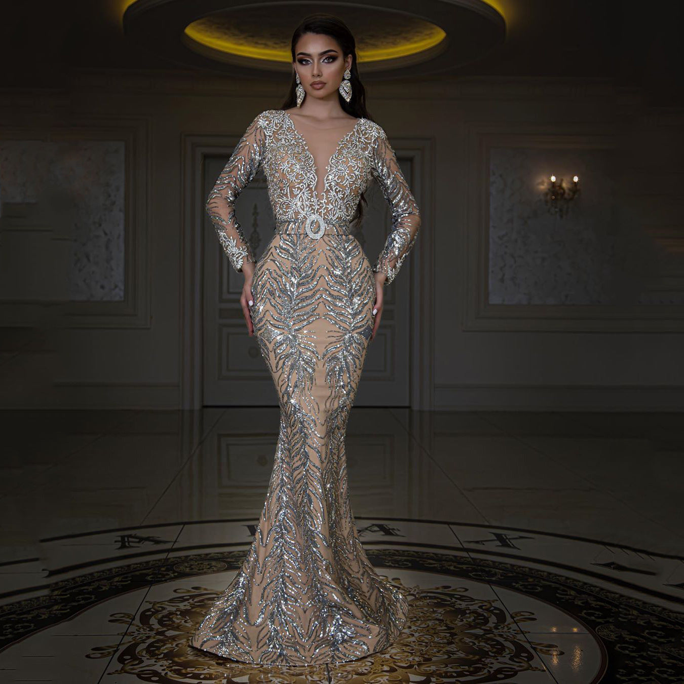 new women's New dress bronzing long-sleeved slim-fitting sexy fishtail mopping evening dress