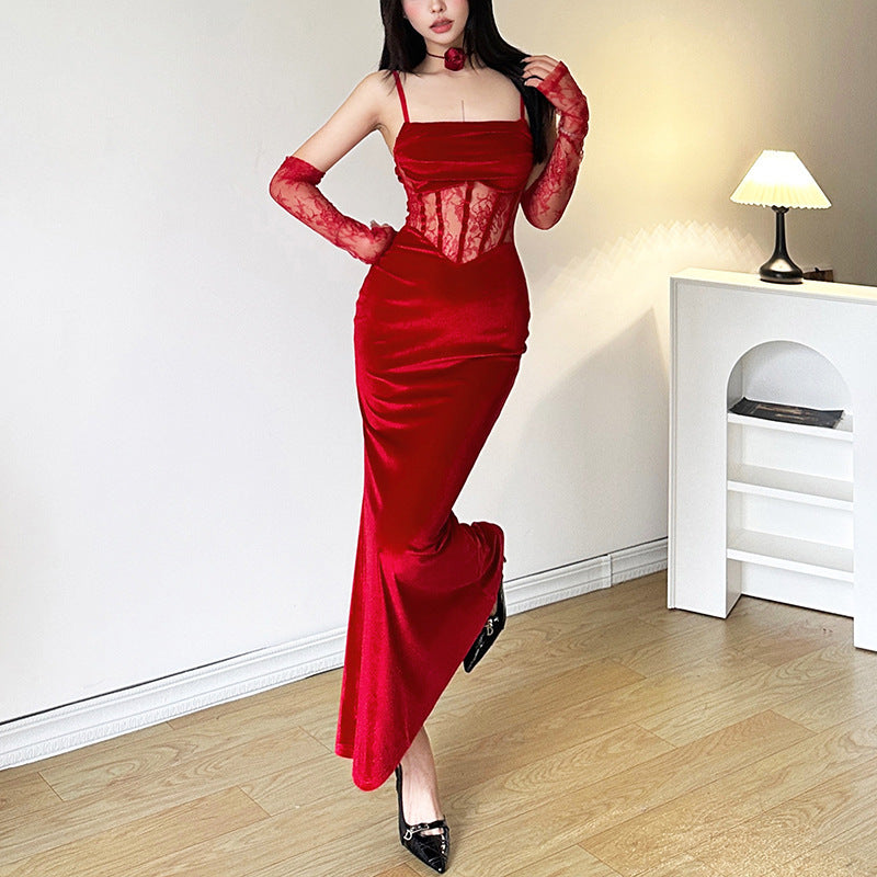 2025 style popular winter new women's clothing solid color hollow lace suspender hip dress dress sleeve set