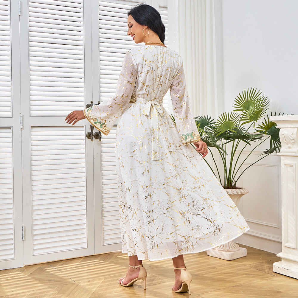 Middle East New popularINS summer new product bronzing temperament long V-neck long-sleeved lace-up dress women