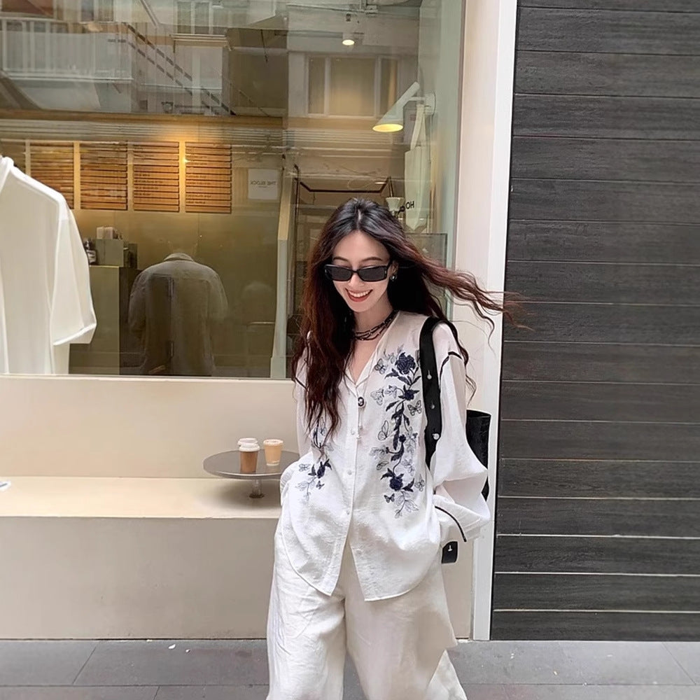 Siyuan hand-painted embroidered ramie shirt women's long-sleeved summer thin splicing lace wrinkled round neck loose shirt 7877