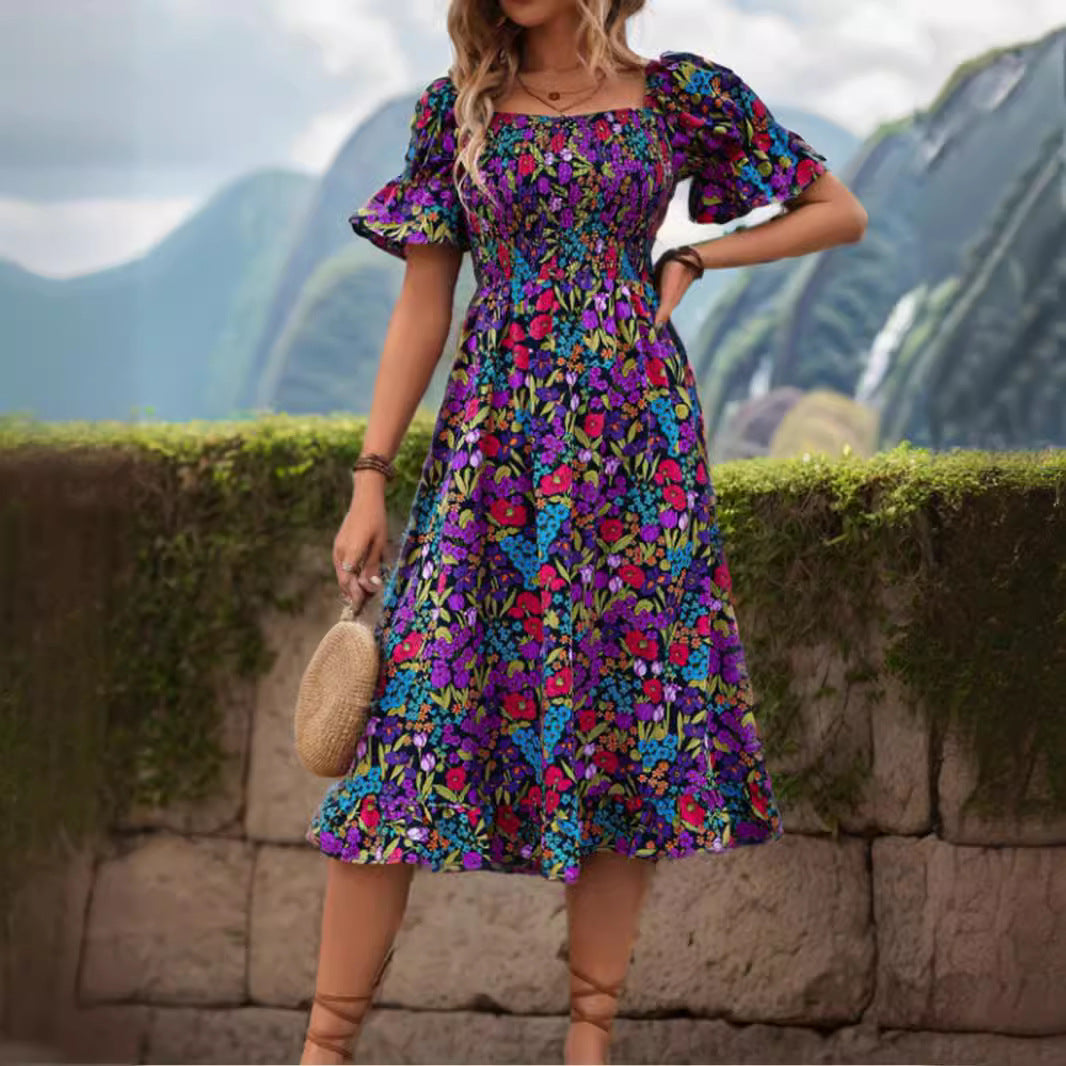 popular Hot Trade Women's Clothing Shoulder Horn Sleeve Medium and Long Dress Printed Short Sleeve Dress