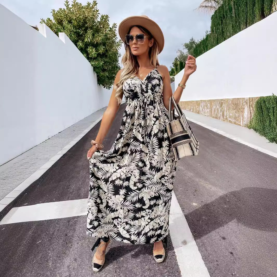 Popular trade 2025 women's clothing popular summer v-neck sleeveless suspender printed bohemian dress