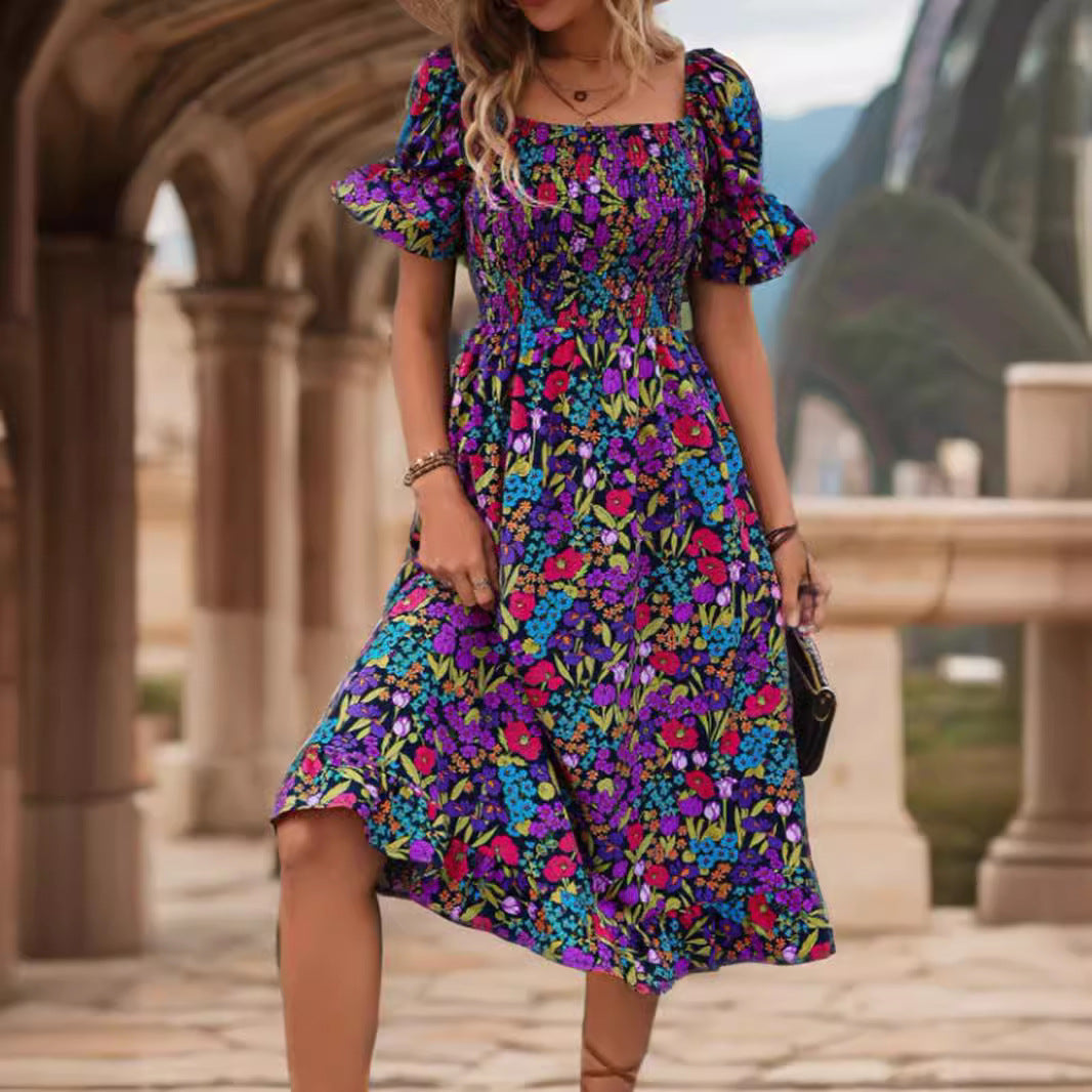 popular Hot Trade Women's Clothing Shoulder Horn Sleeve Medium and Long Dress Printed Short Sleeve Dress