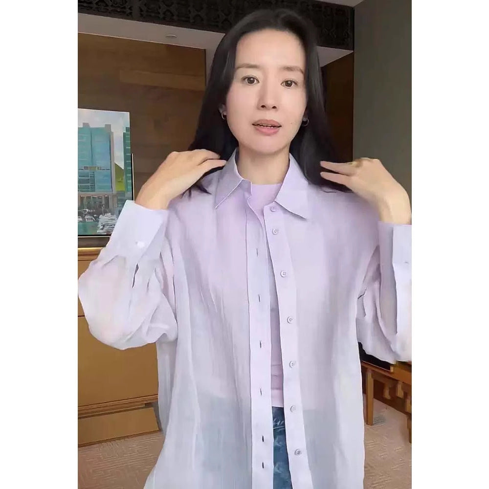 Siyuan advanced sense perspective light ramie shirt women's spring and summer simple solid color loose sunscreen long-sleeved top 7852